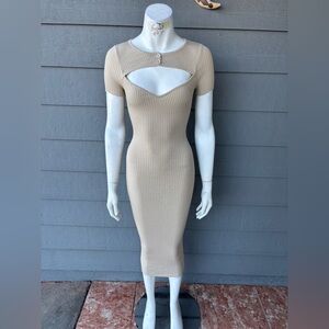 Hera Collection Beige Rib-Knit Cutout Midi Dress